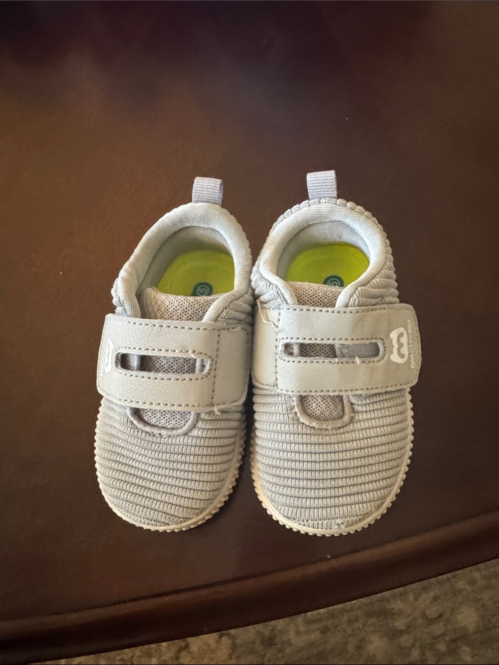 Kids Gray Slip-On Hook & Loop Sneakers-small hole in left shoe toe
